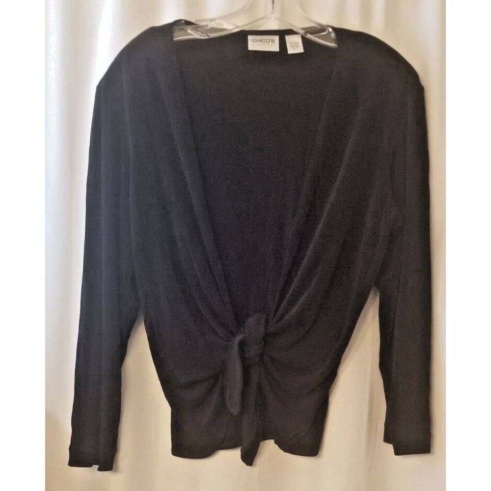 Chico's Travelers Women's Top Black Liquid Knit Knot Tie Open Front Size Large